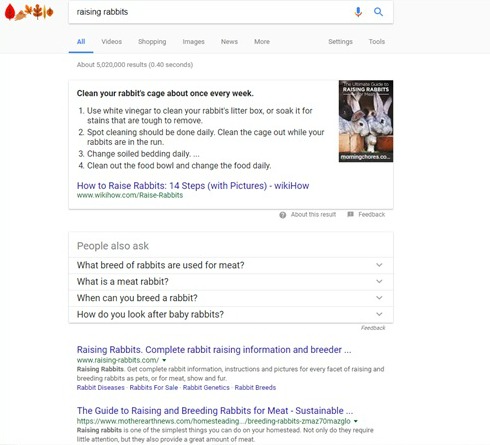 Raising-Rabbits ranked #1 on the Google search engine for the term raising rabbits, in September 2017 Raising-Rabbits ranked #1 on the Google search engine for the term raising rabbits, in September 2017