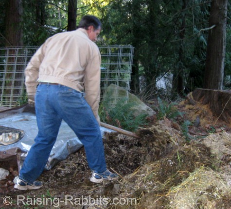 Bill shovels piles of rabbit manure