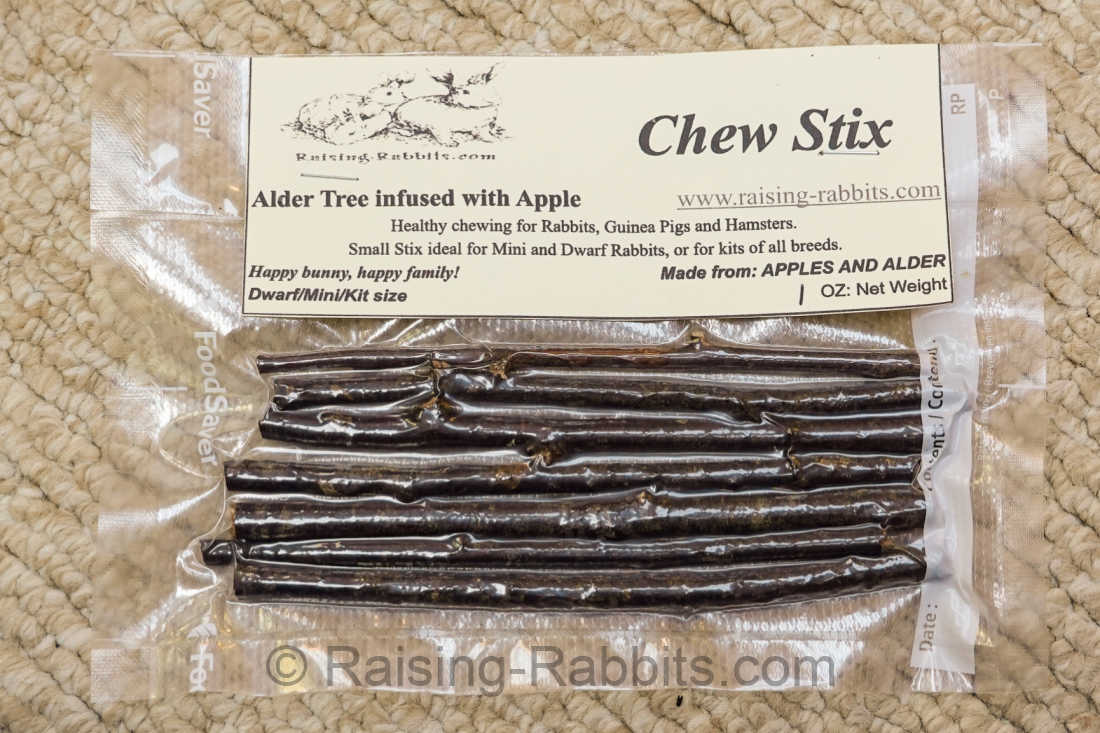 Small Size Chew Stix: Approximately 3/16" to 1/4" in diameter, from Raising-Rabbits.com.